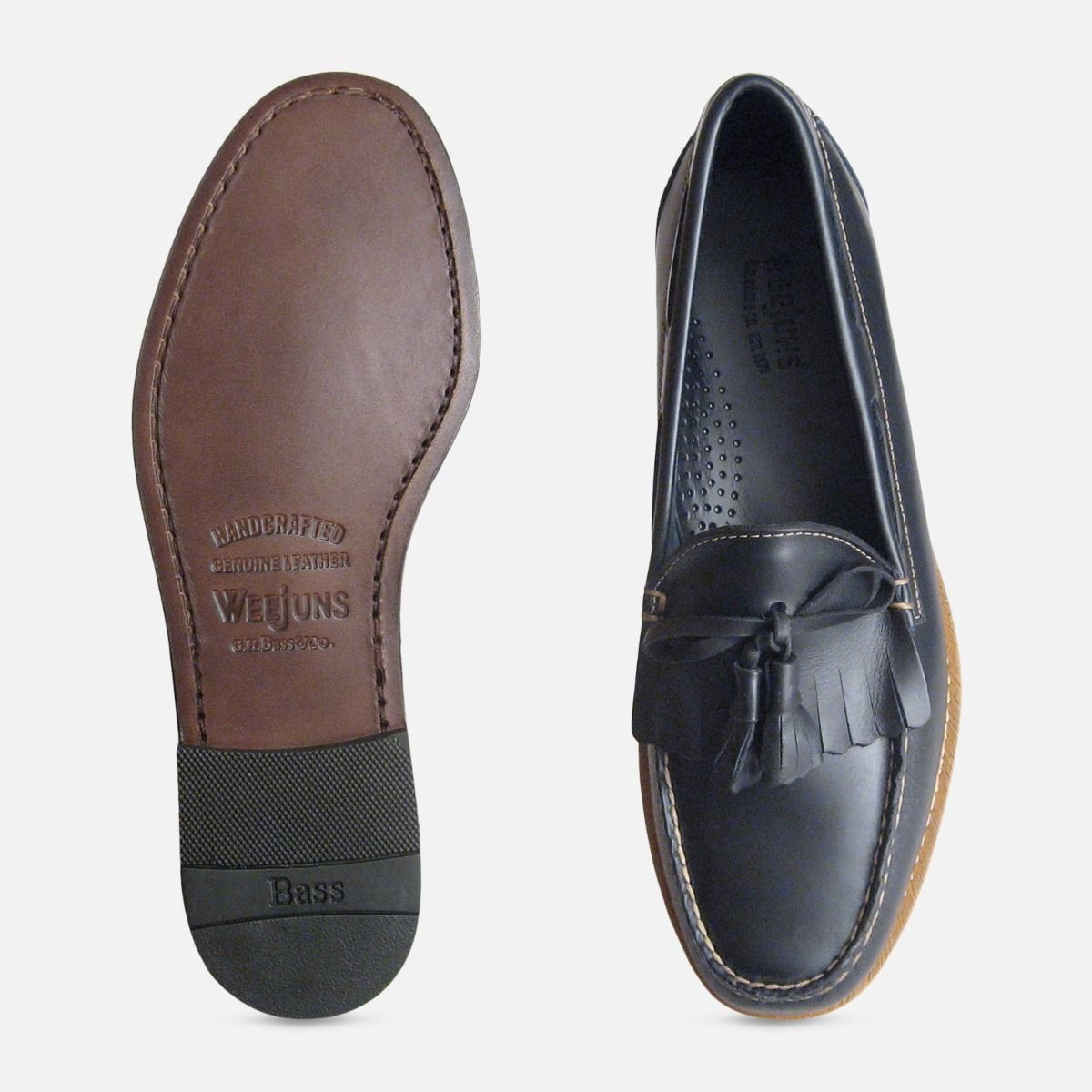 Navy Blue Waxy Leather Mens Fringe & Tassel Loafers by Bass Weejuns