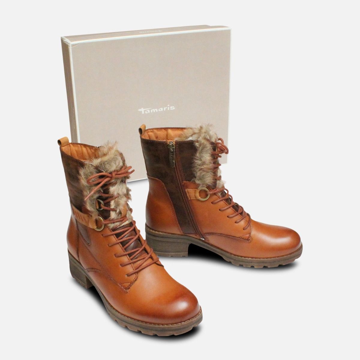Tamaris Designer Tan Leather Fur Ankle Zip Boots