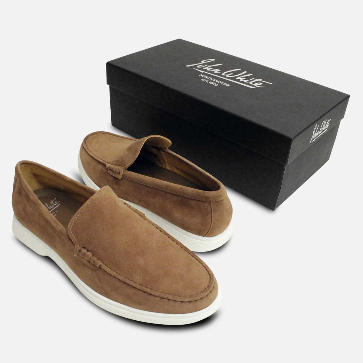John White Light Brown Suede Shoes White Rubber Sole