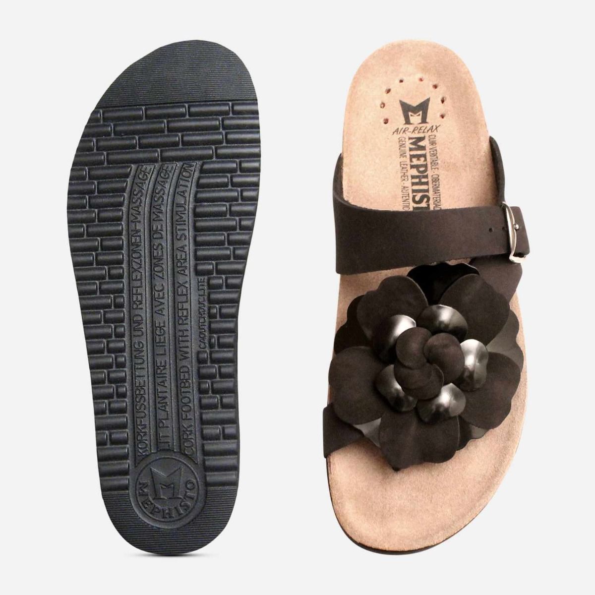 Mephisto Helen Flower Sandals in Black Nubuck Leather