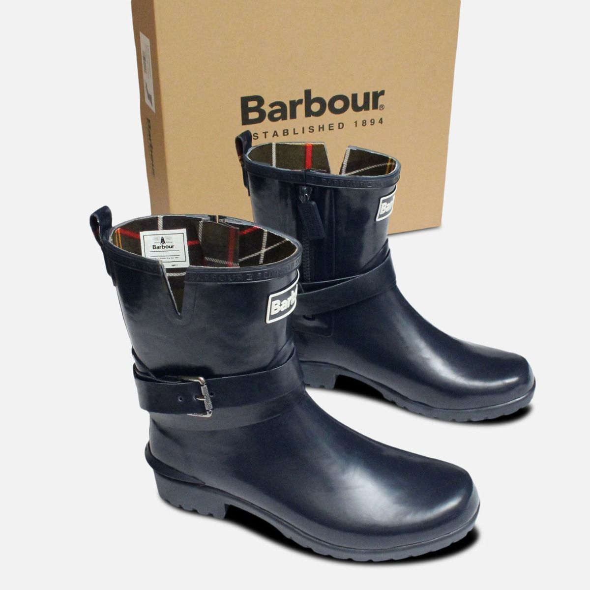 Barbour Biker Buckle Wellington Boots in Navy Blue