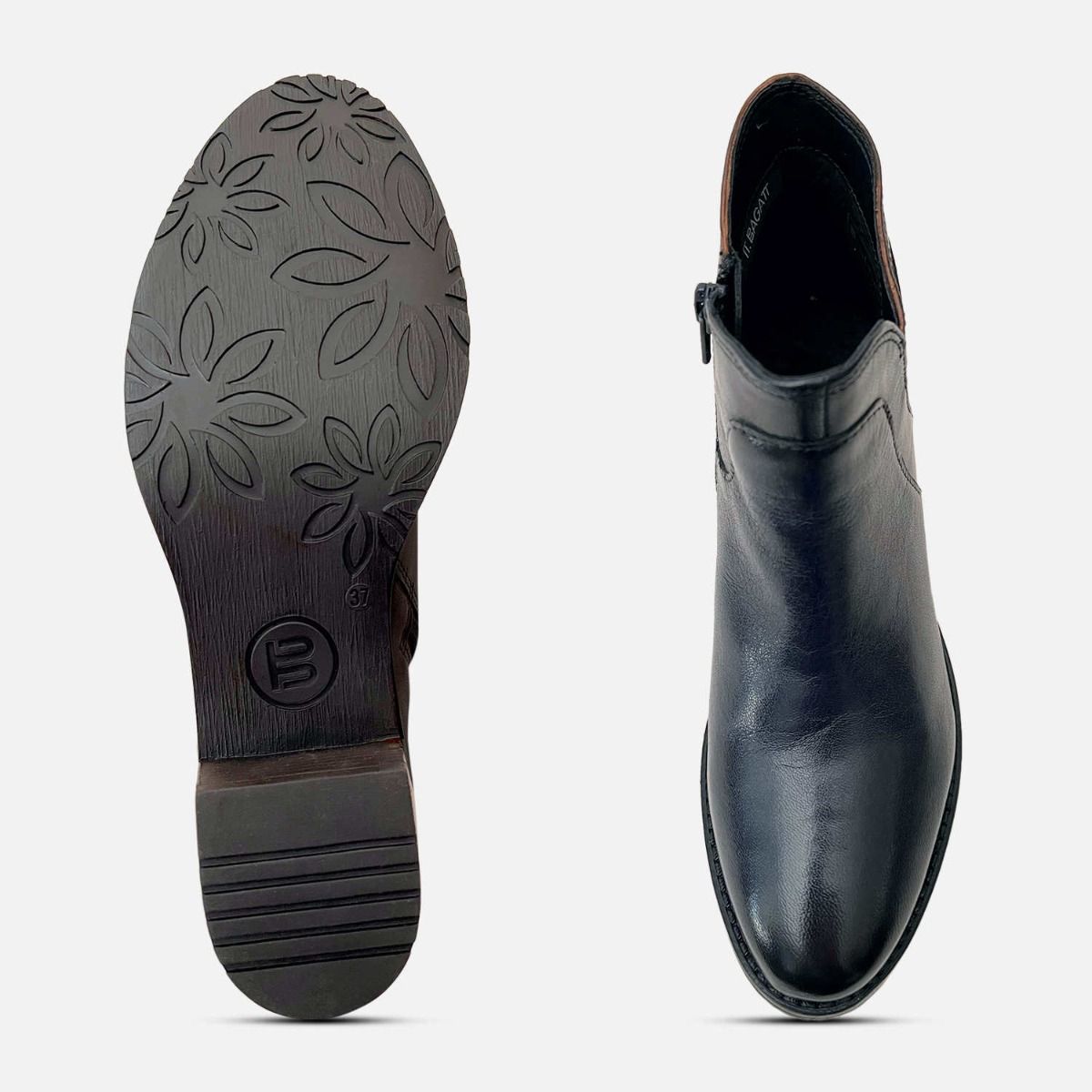 Navy Blue Leather Womens Heeled Ankle Zip Boots