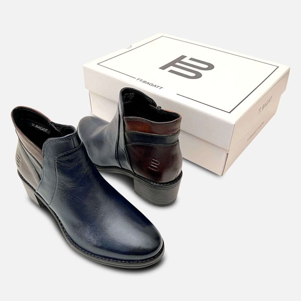 Navy Blue Leather Womens Heeled Ankle Zip Boots