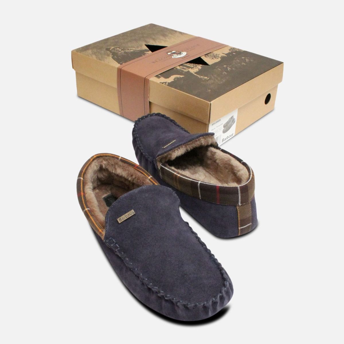 Navy Blue Suede Luxury Barbour Fur Lined Mens Slippers