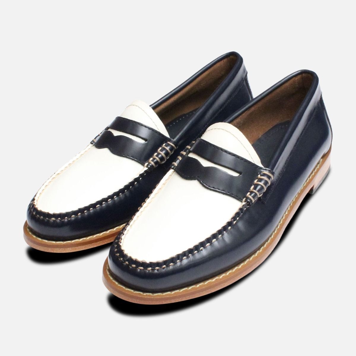 Navy Blue & White Leather Ladies Bass Shoe Loafers display picture 3