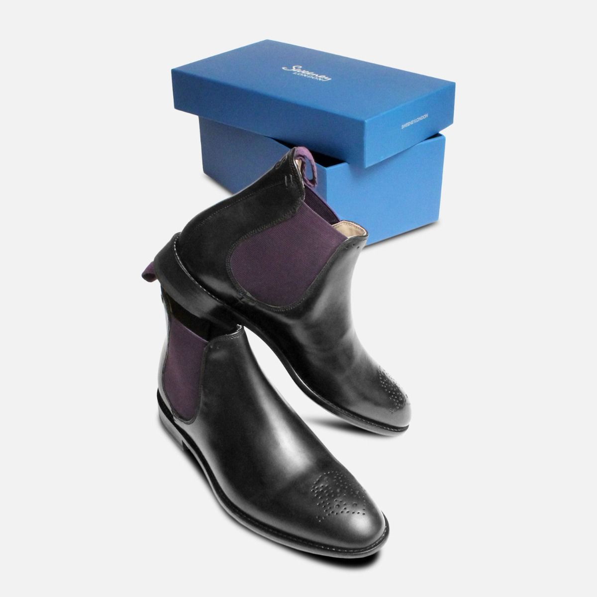 Oliver Sweeney Black & Purple Designer Chelsea Boots