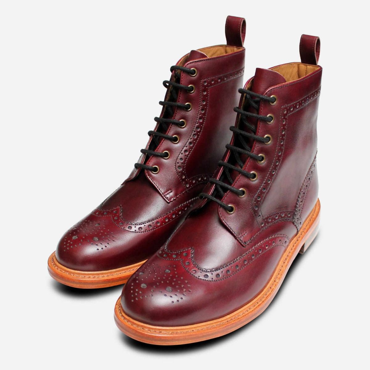 Burgundy Goodyear Welted Wingtip Brogue Country Boots display picture 1