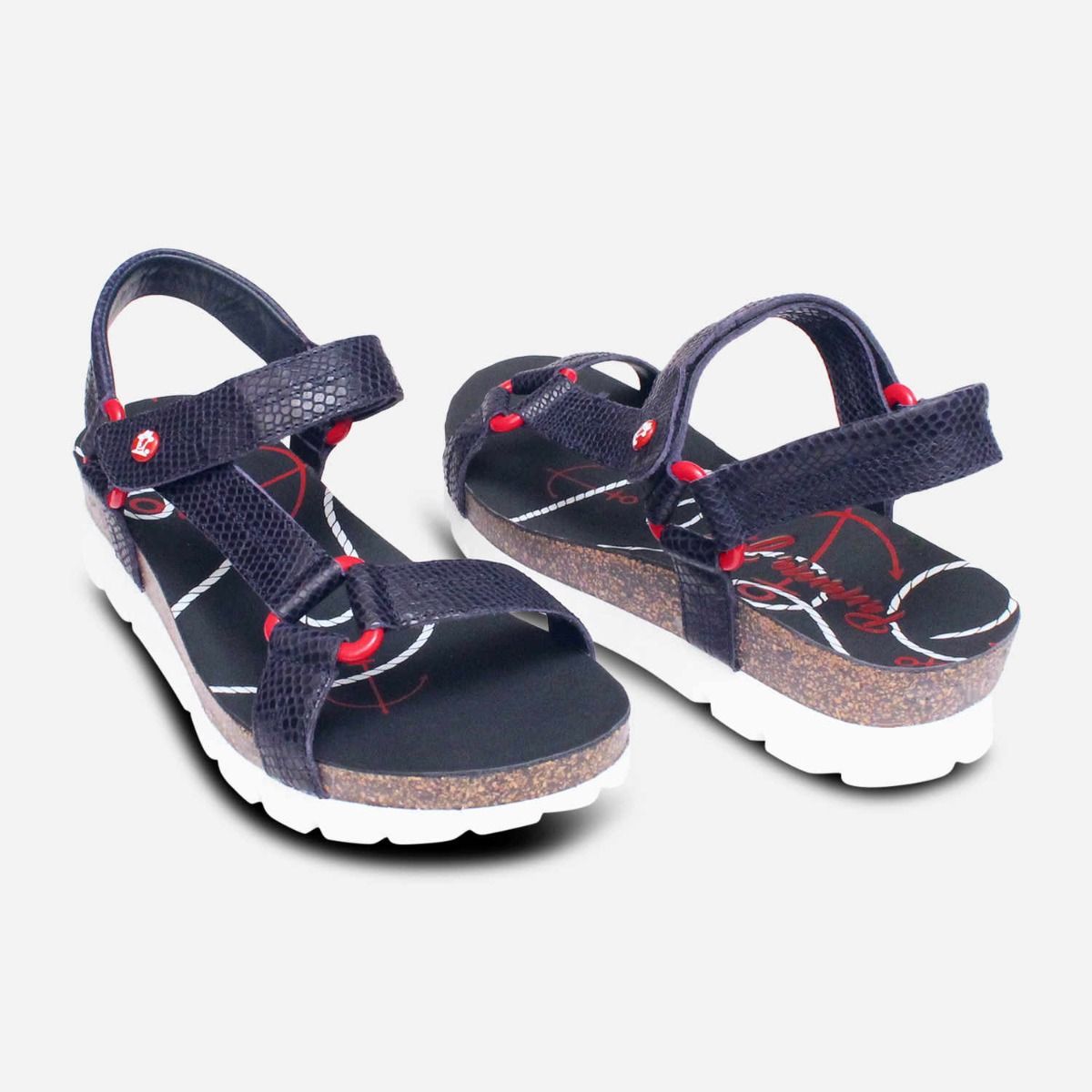 Panama Jack Ladies Navy Blue & Red Snakeskin Leather Sandals