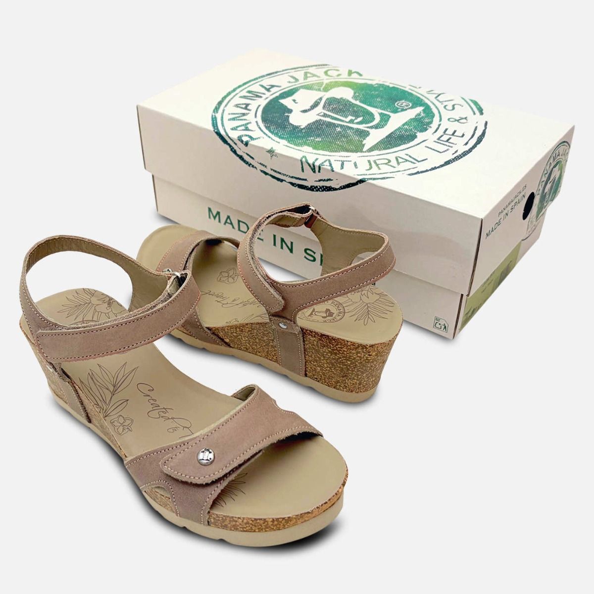 Panama Jack Julia Sandals in Taupe Leather with Cork Sole