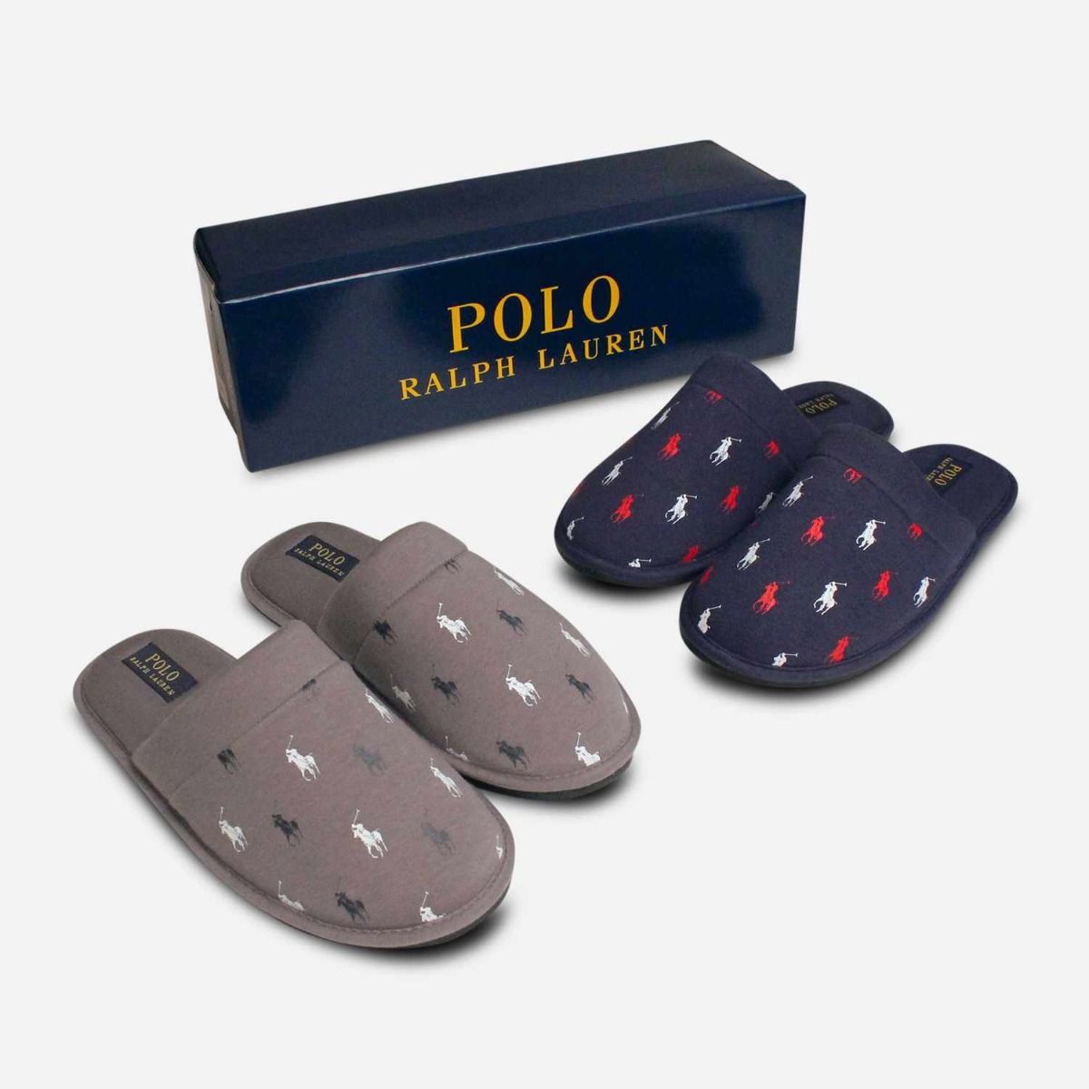 Ralph Lauren Navy Blue Slippers White with Red Polo