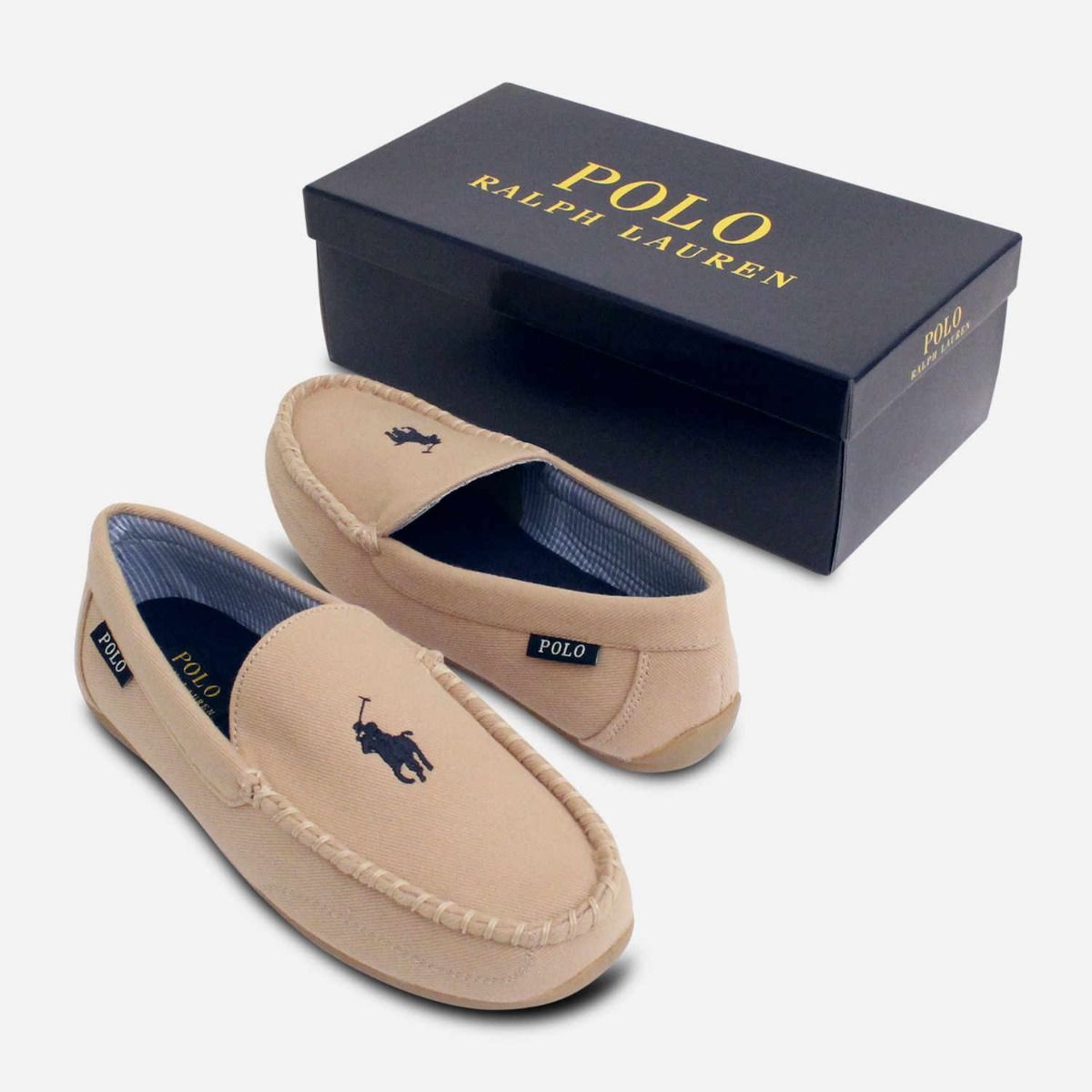 Ralph Lauren Designer Mens Beige Slippers Navy Polo