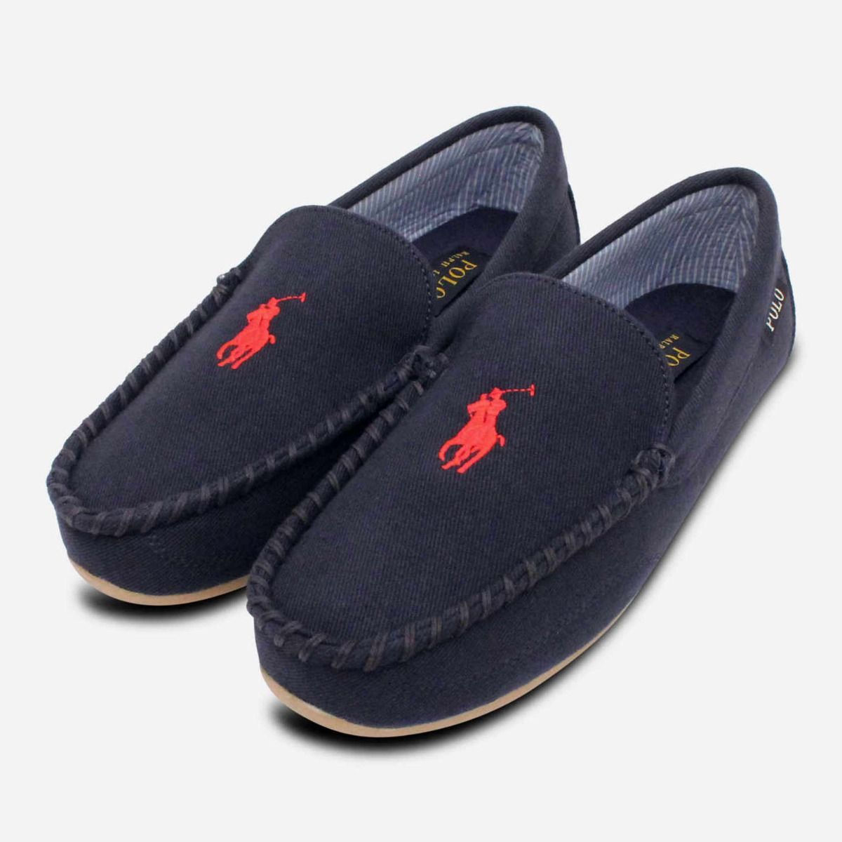 Ralph Lauren Mens Designer Blue Twill Slippers Red Polo