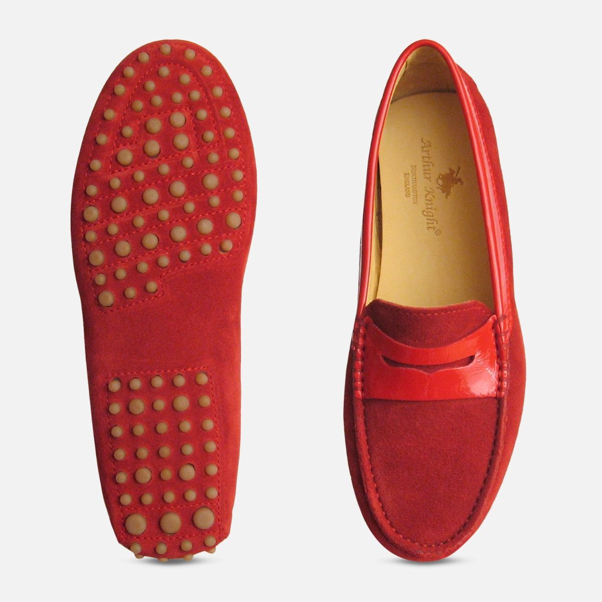 Crimson Red Suede & Patent Arthur Knight Ladies Driving Shoe Moccasins