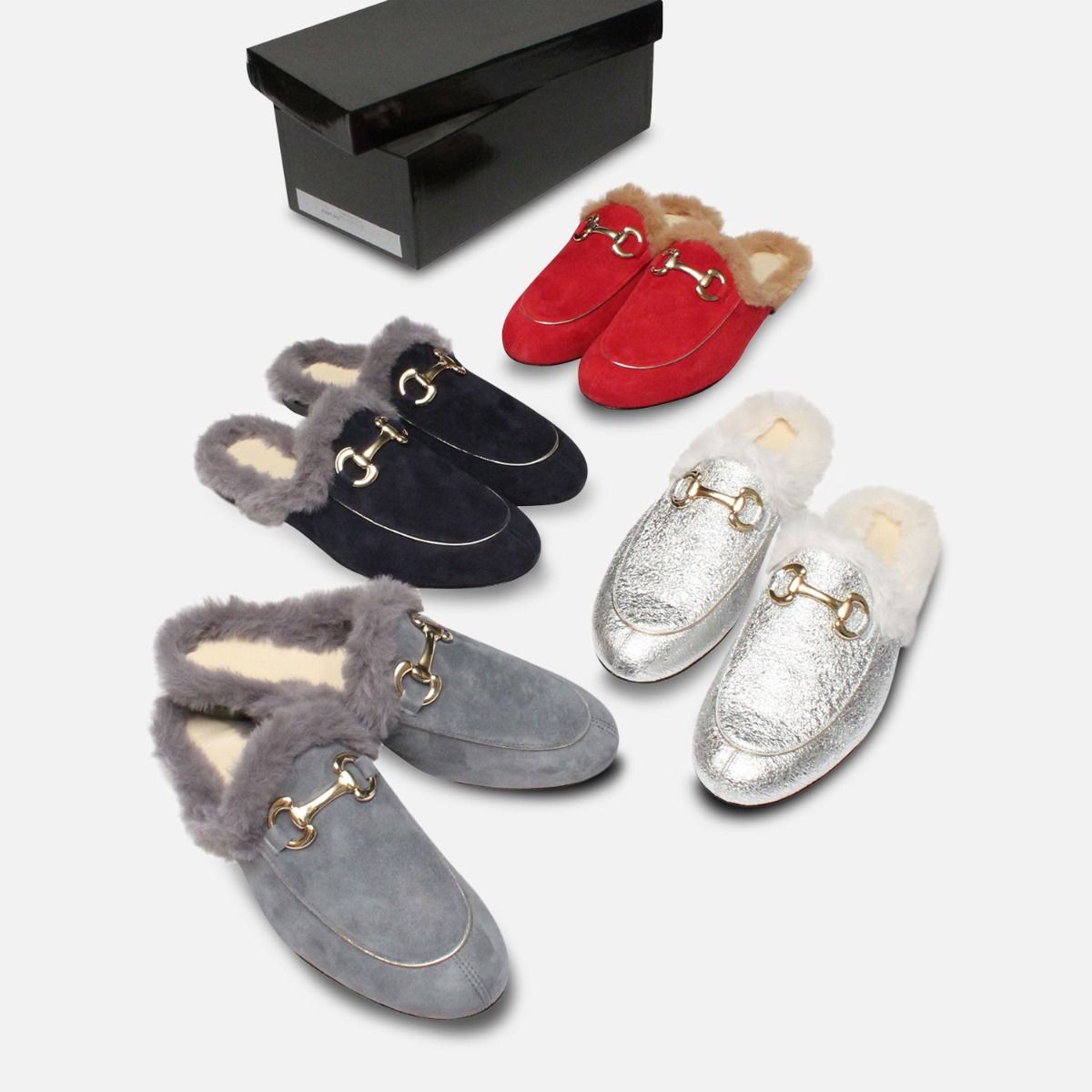 Exclusive Velvet Fur Backless Loafers in Red Leather