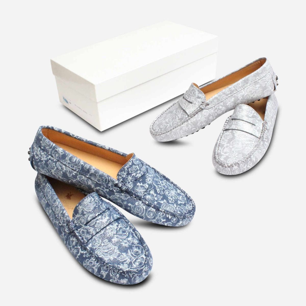 Ladies Silver Flower Italian Driving Shoe Moccasins