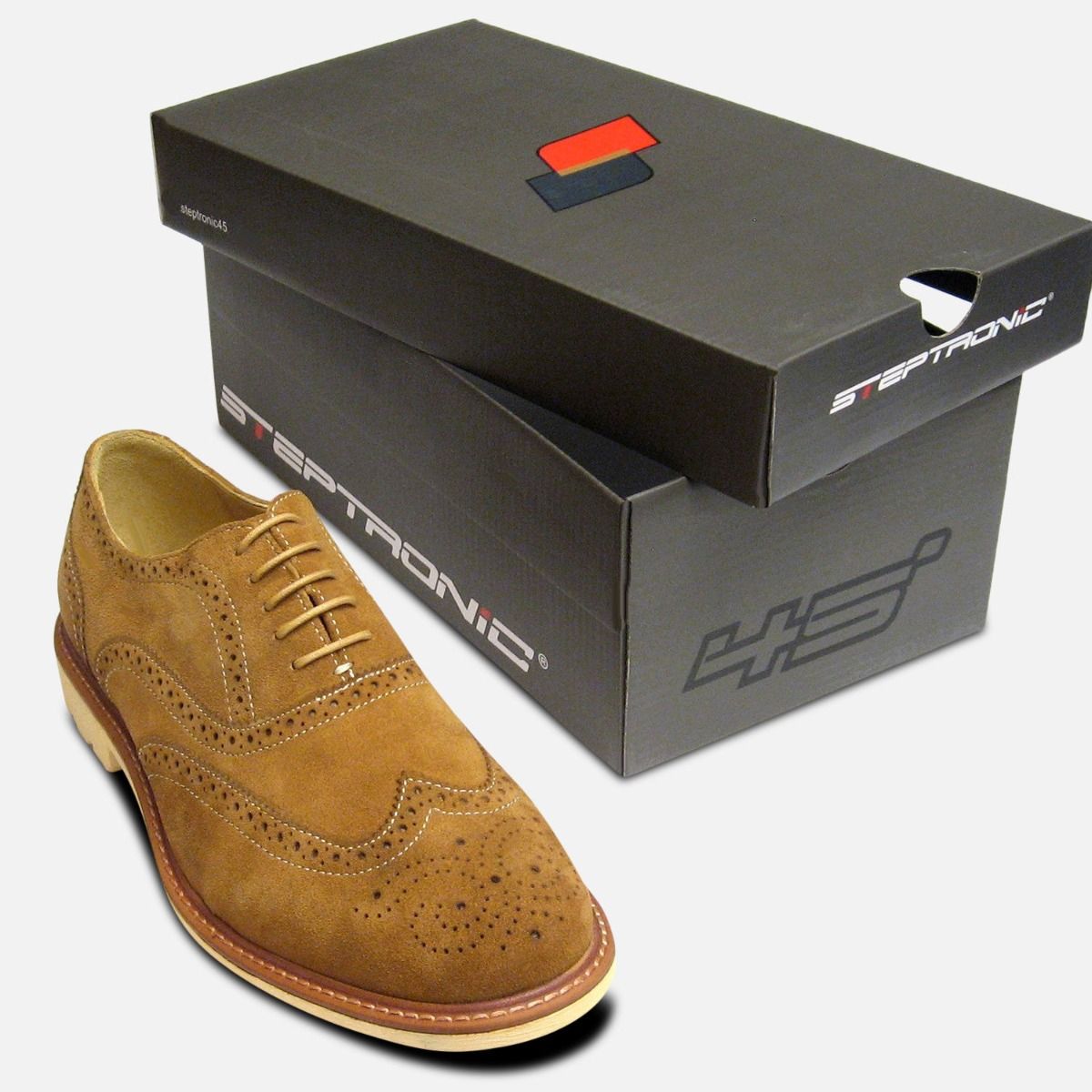 Mens Steptronic Shoes Round Toe Tobaco Beige Suede Lace Up Brogues