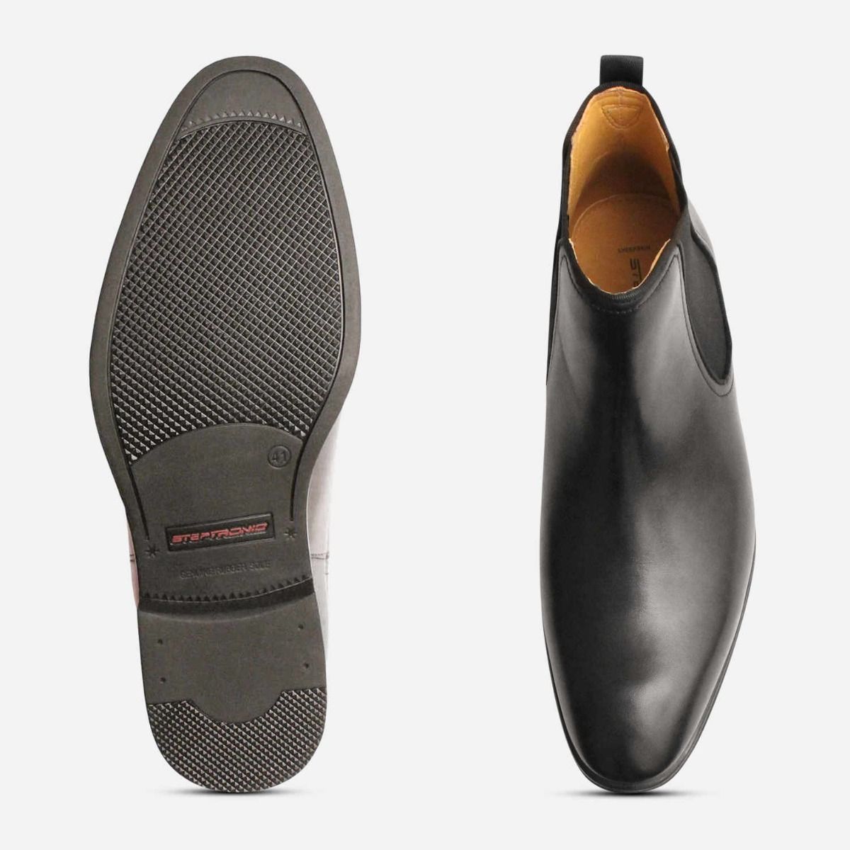 Steptronic Plain Toe Chelsea Boots in Black Leather