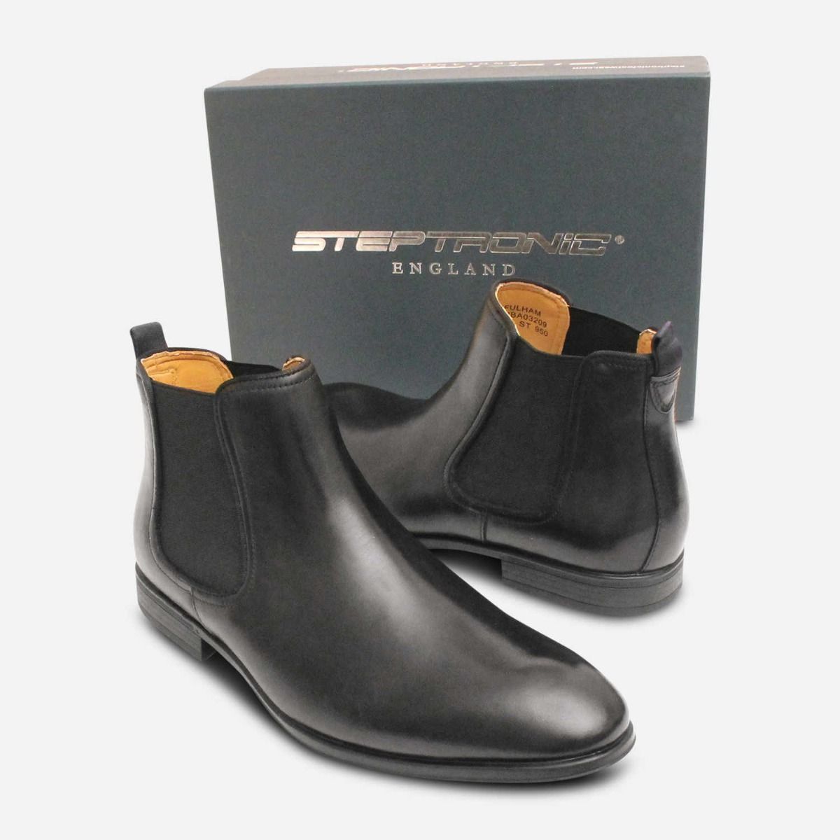 Steptronic Plain Toe Chelsea Boots in Black Leather