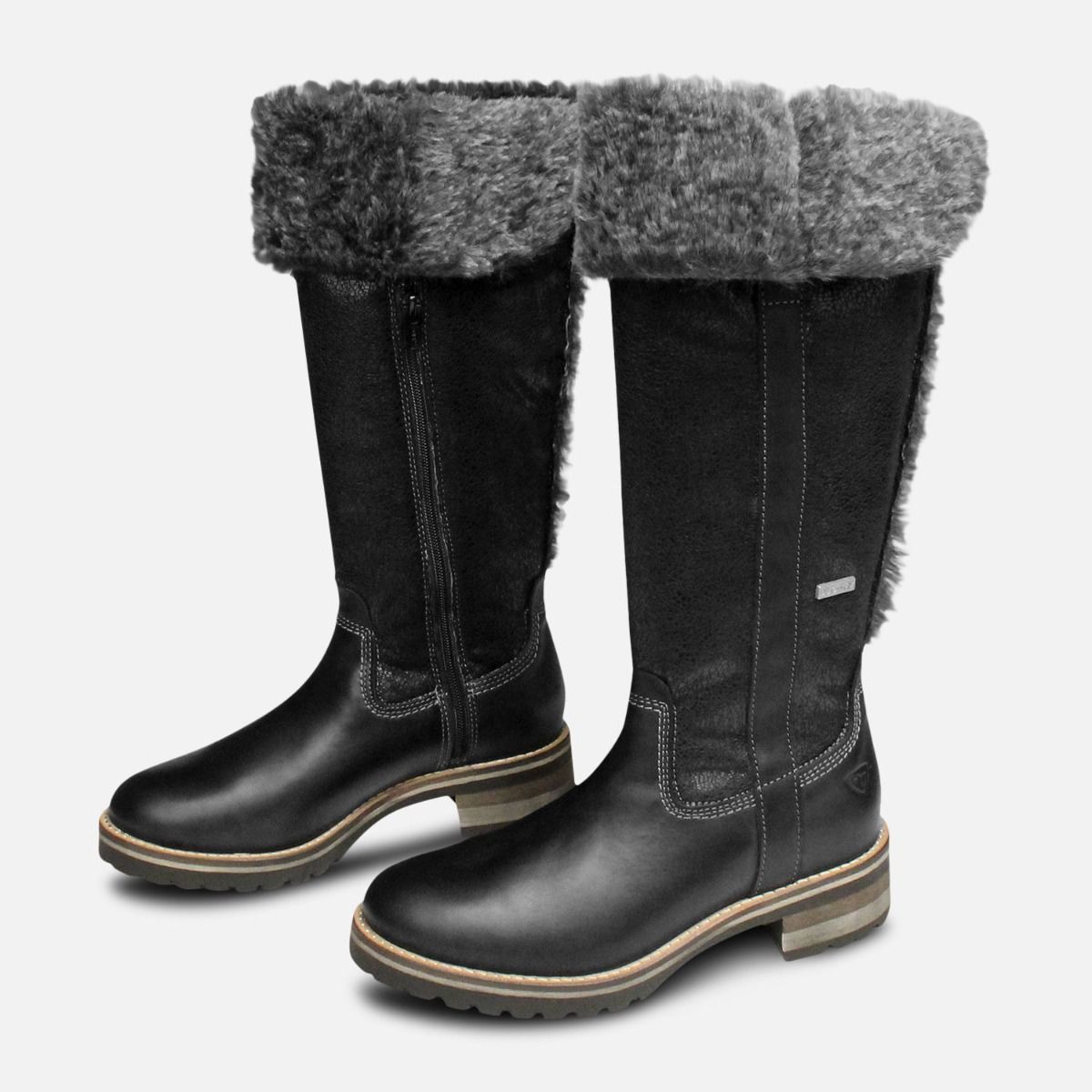 Black Warm Fur Lined Tamaris Long Boots with Duo Tex