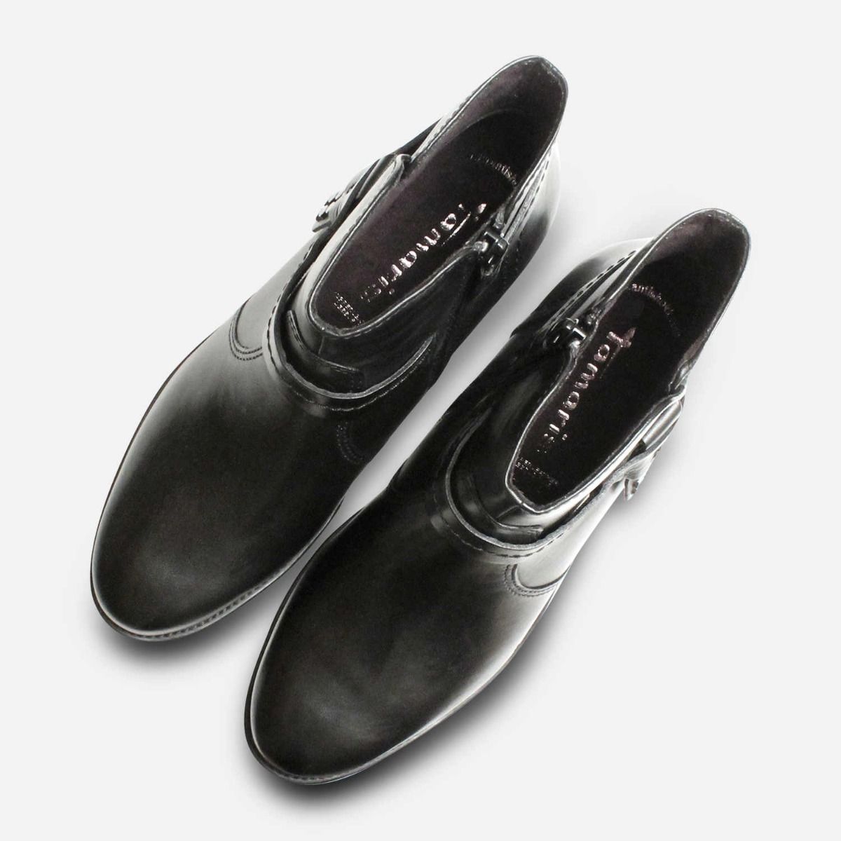 Black Leather Tamaris Ladies Ankle Boots with Side Zip