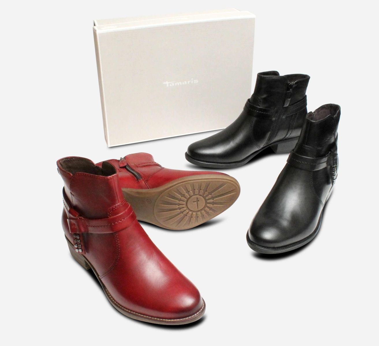 Black Leather Tamaris Ladies Ankle Boots with Side Zip