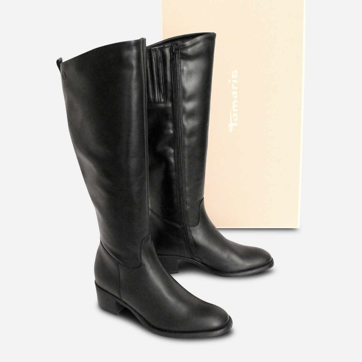 Tamaris Knee High Heeled Zip Boots in Black Leather