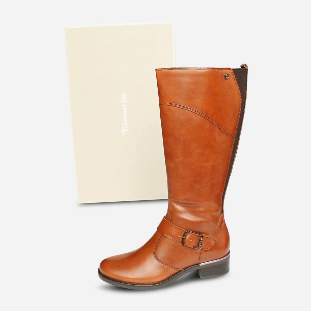 Tamaris Knee High Zip Boots in Antique Brown Leather