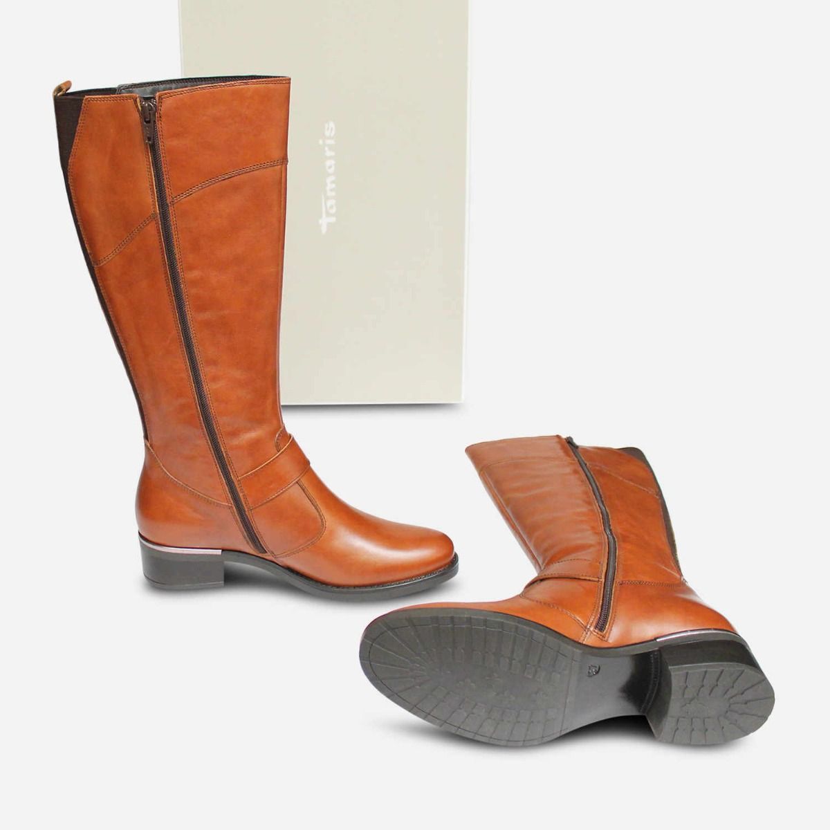 Tamaris Knee High Zip Boots in Antique Brown Leather