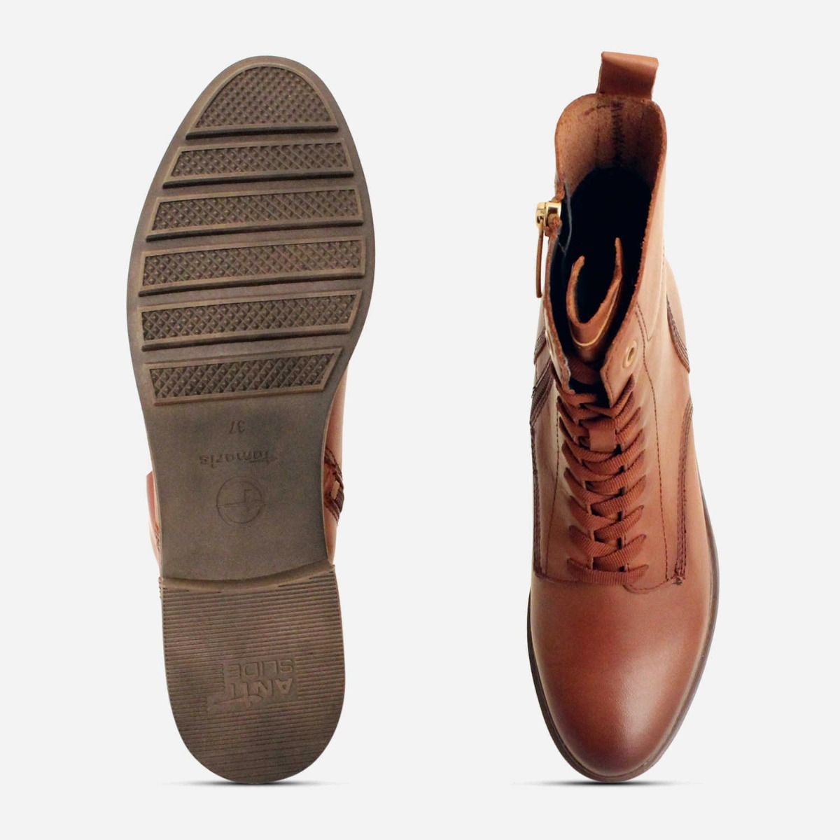 Tamaris Ankle Zip Boots in Antique Cognac Leather