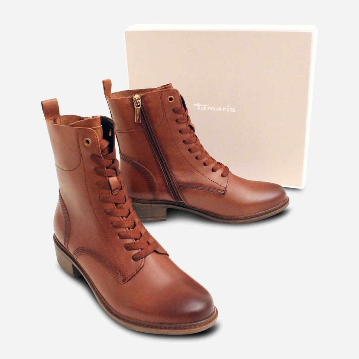 Tamaris Ankle Zip Boots in Antique Cognac Leather