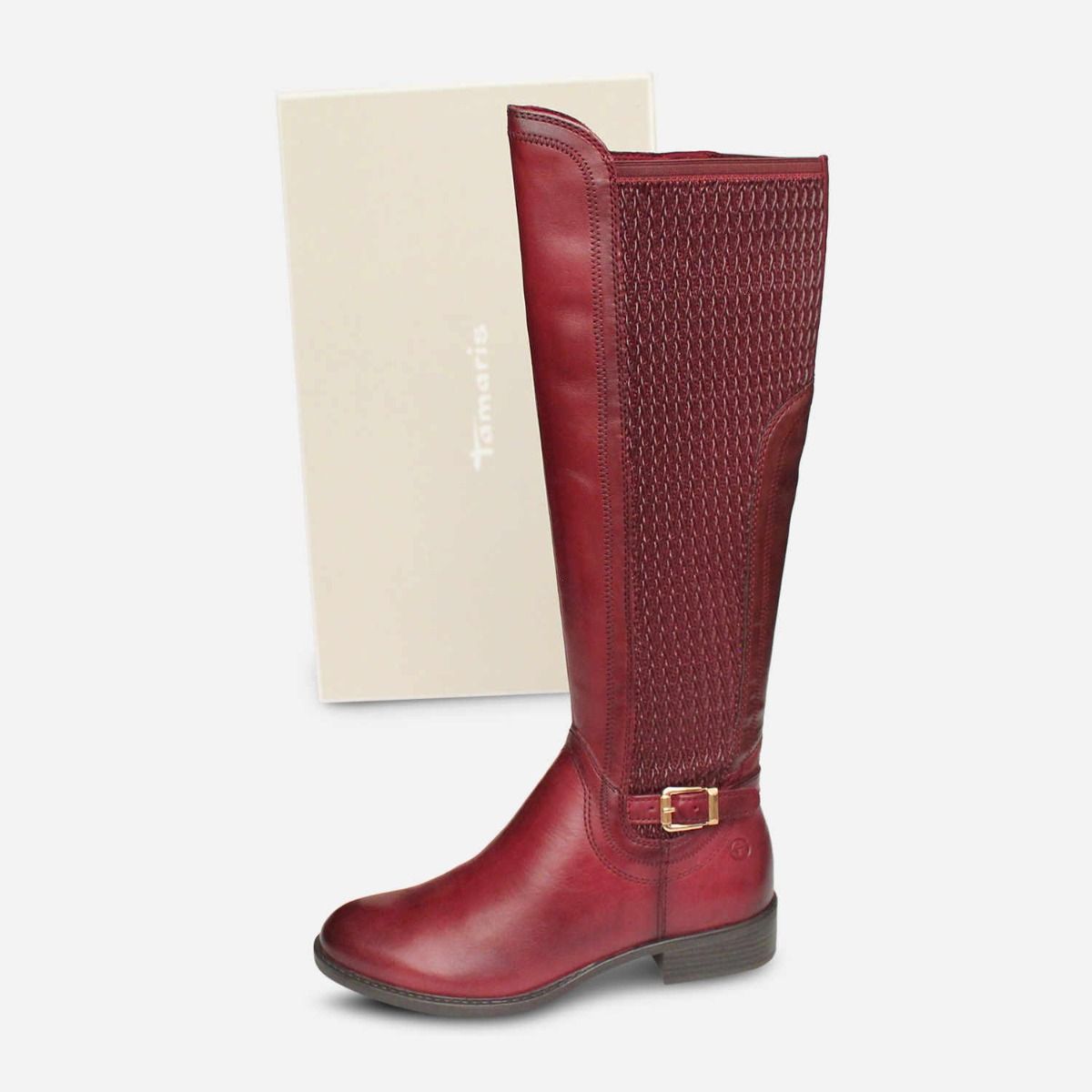 Tamaris Quilted Elastic Knee High Boots in Burgundy Leather