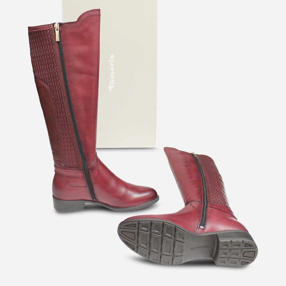 Tamaris Quilted Elastic Knee High Boots in Burgundy Leather