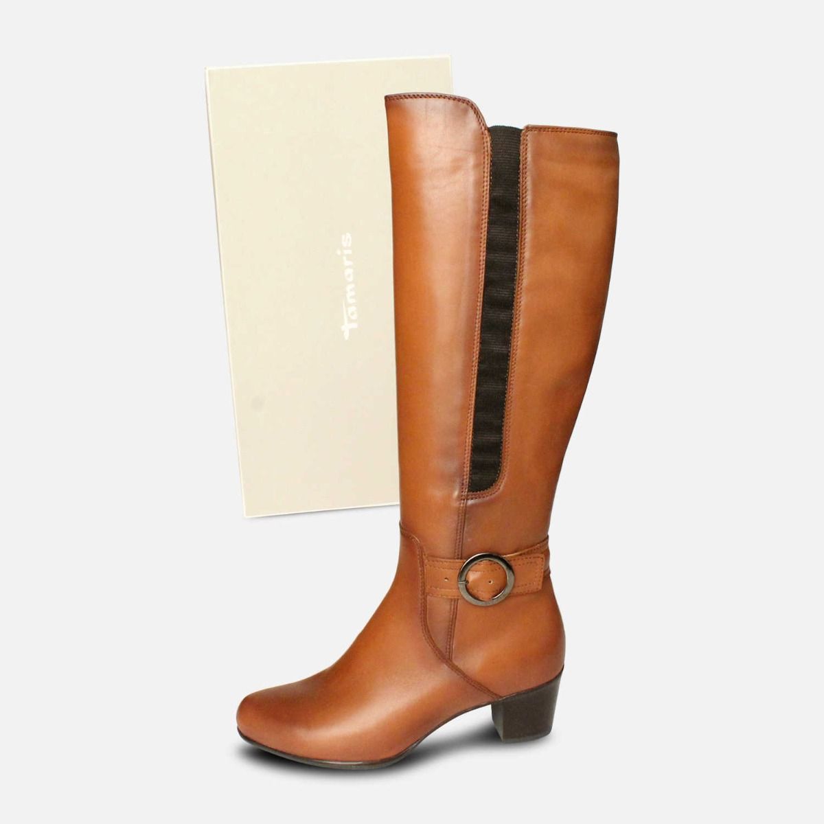 Tamaris Tan Brown Leather Knee High Boots with Heel