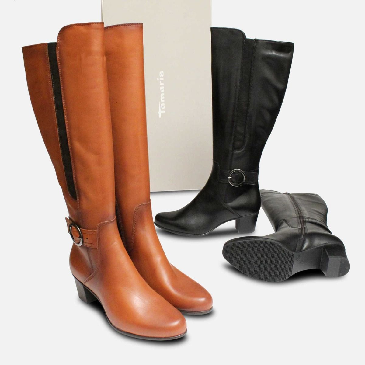 Tamaris Tan Brown Leather Knee High Boots with Heel