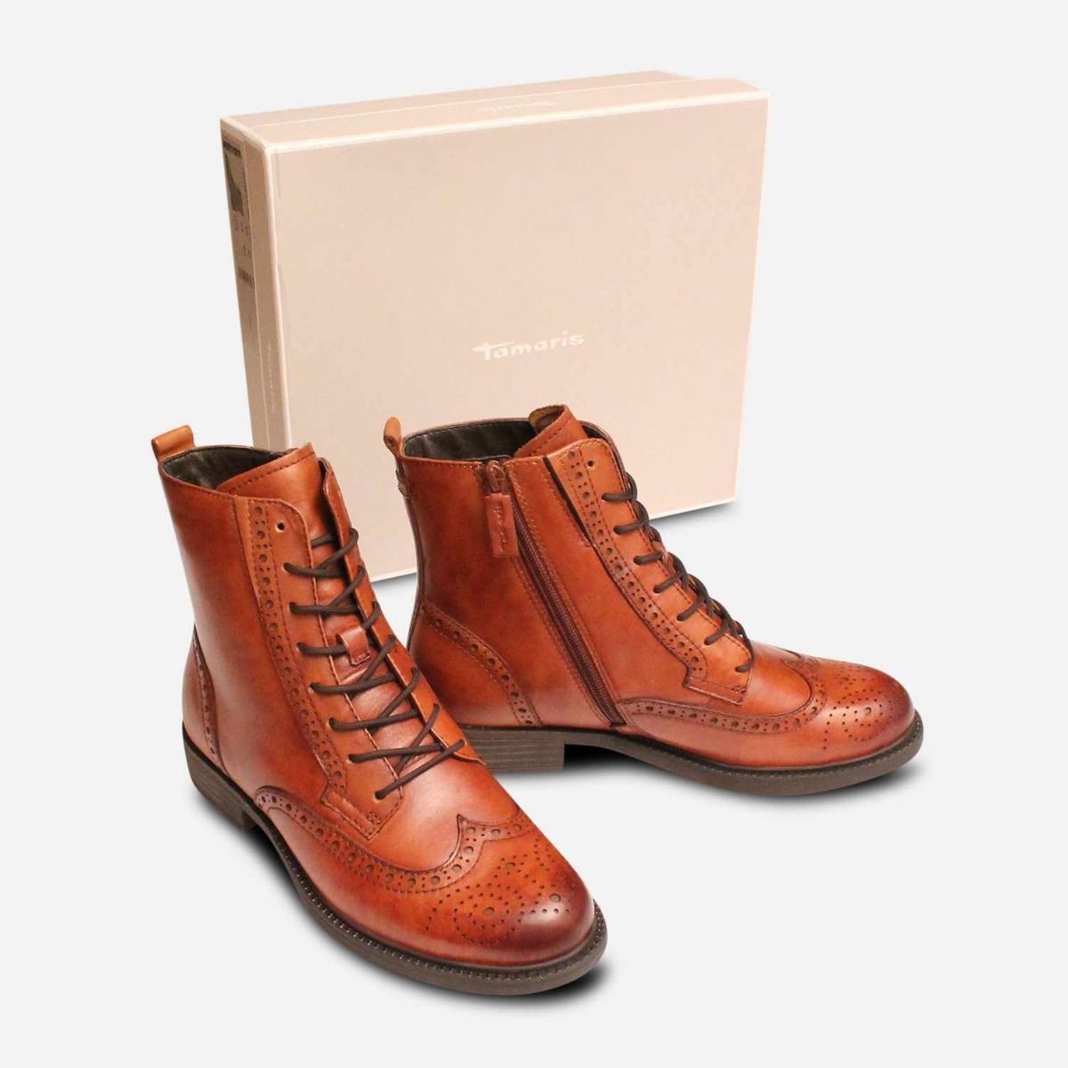 Tamaris Full Brogue Zip Boots in Brown with Rubber Sole