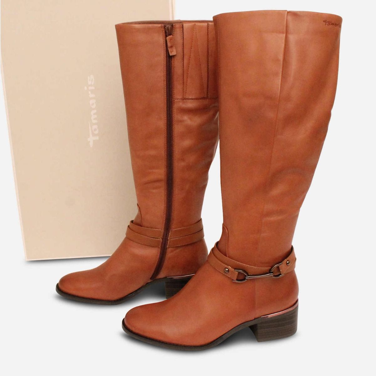 Tamaris Heeled Knee High Boots in Cognac Tan Leather