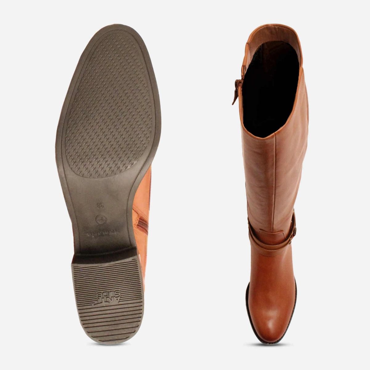 Tamaris Heeled Knee High Boots in Cognac Tan Leather