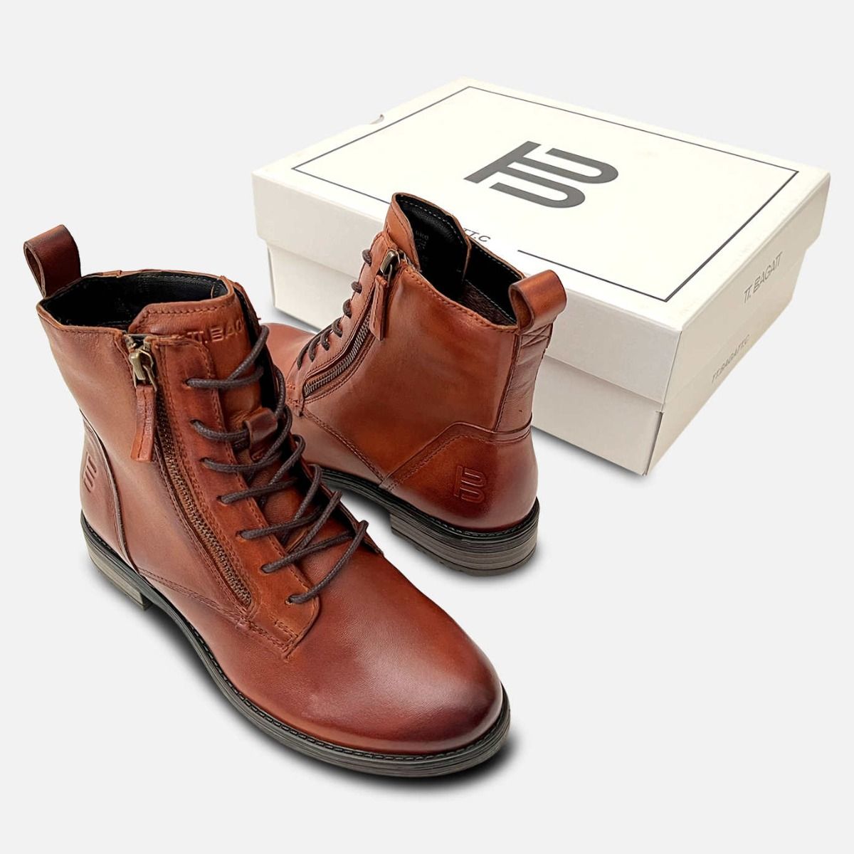 Cognac Brown Rubber Sole Ankle Zip Boots by TT Bagatt