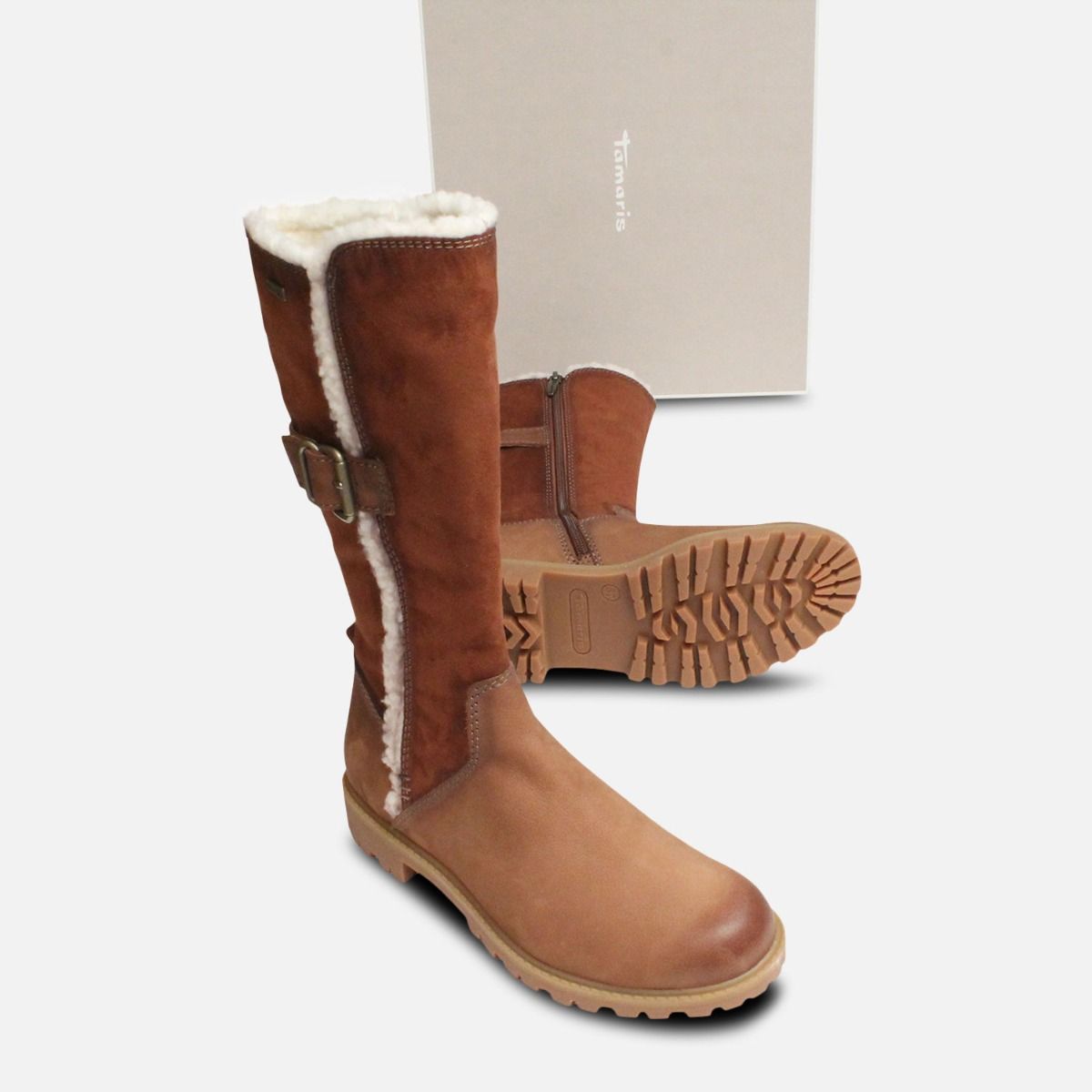 Brown & Tan Tamaris Side Zip Long Boots Duo-Tex
