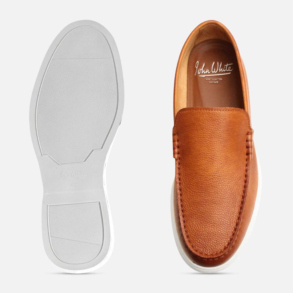 John White Antique Tan Leather White Rubber Sole Loafers