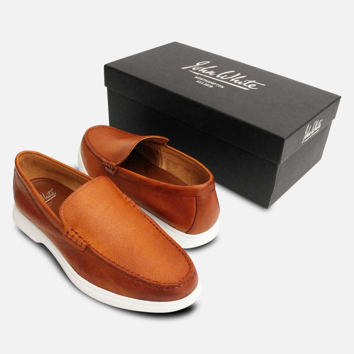 John White Antique Tan Leather White Rubber Sole Loafers