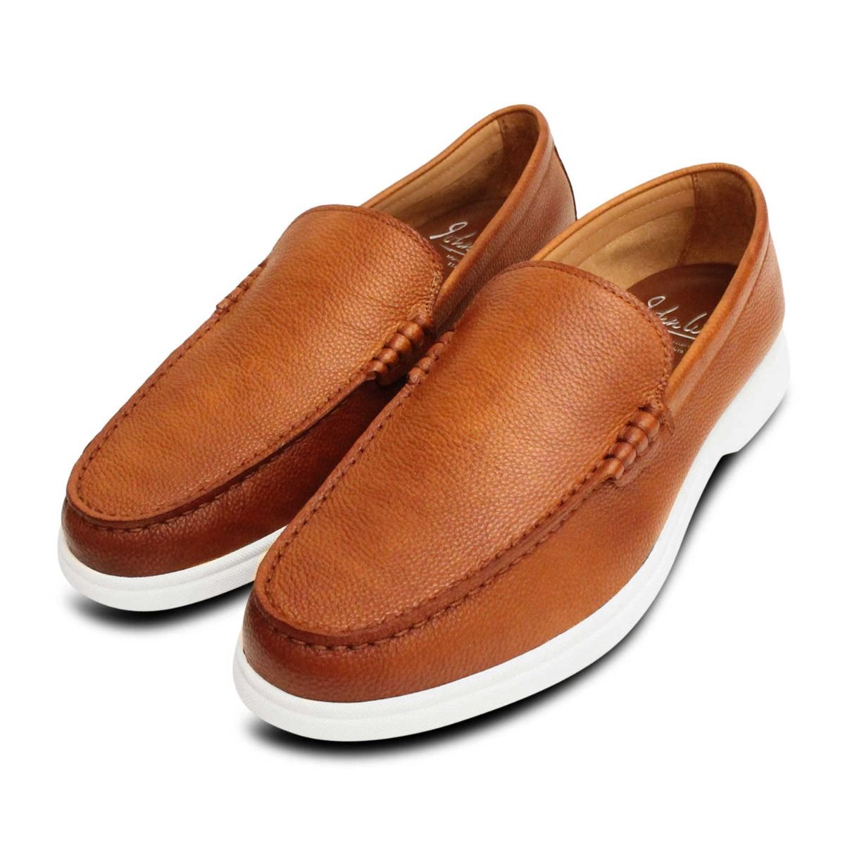 John White Antique Tan Leather White Rubber Sole Loafers display picture 1