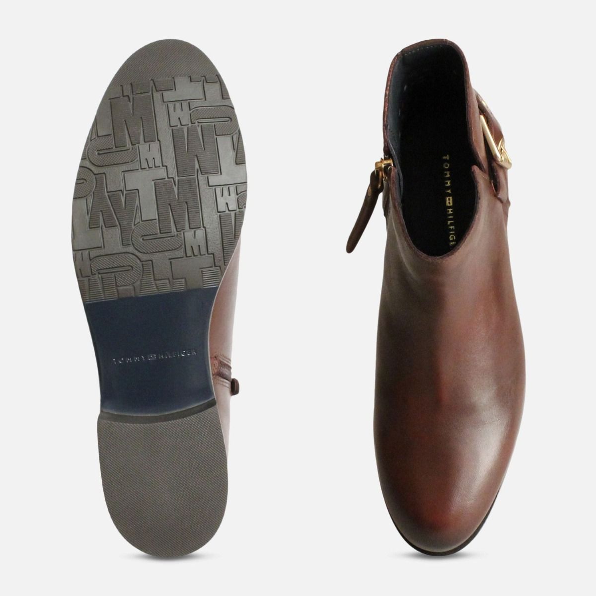 Tessa Tommy Hilfiger Gold Buckle Ankle Boots in Coffee