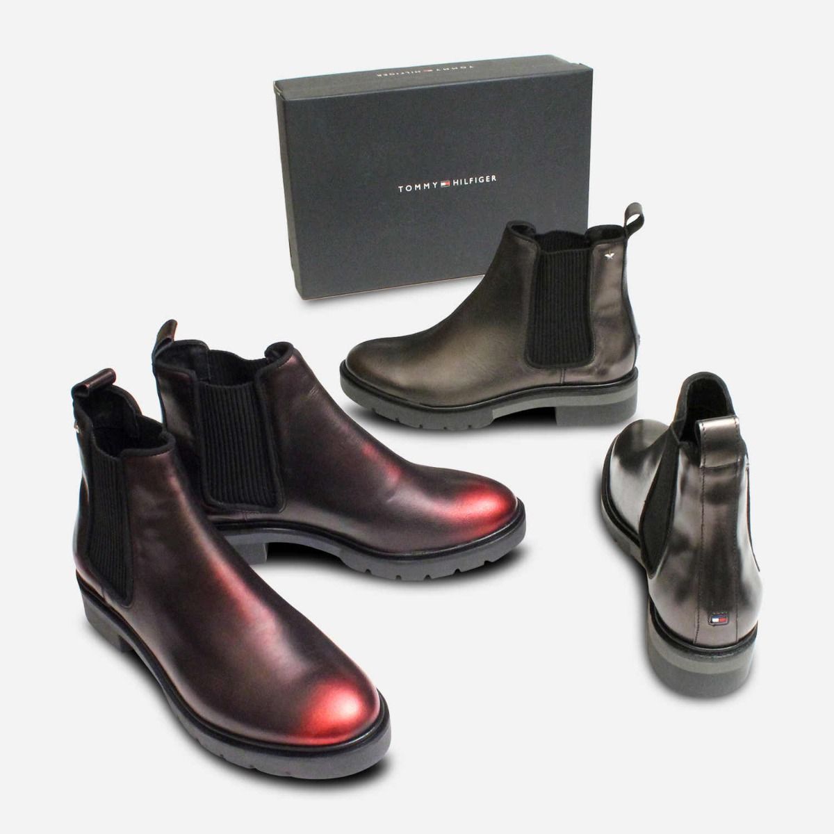 Dark Metallic Red Leather Tommy Hilfiger Chelsea Boots