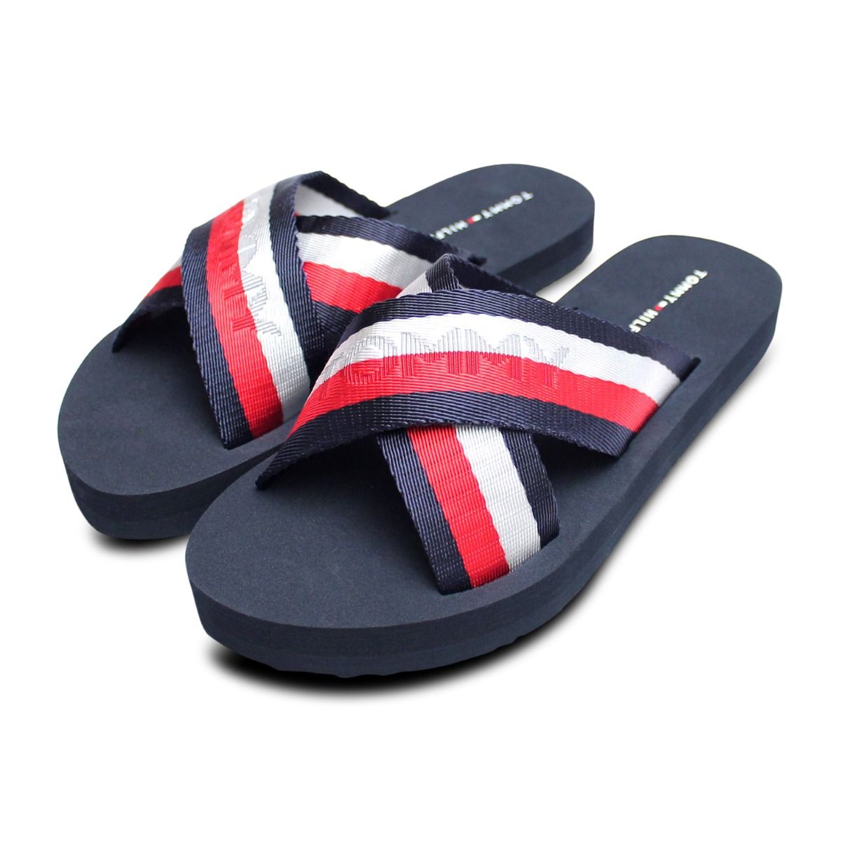 men’s blue Tommy Hilfiger slides, with red white & blue strap! Tommy Hilfiger Mens Iconic Red White & Blue Pool Sliders main image 2