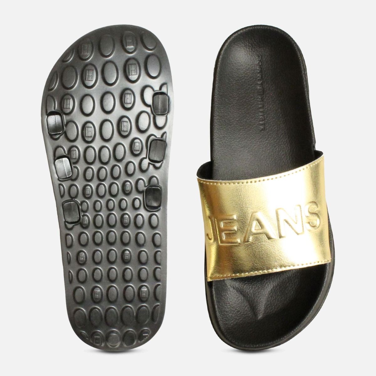 Pool Slides by Tommy Jeans in Black & Gold Metallic