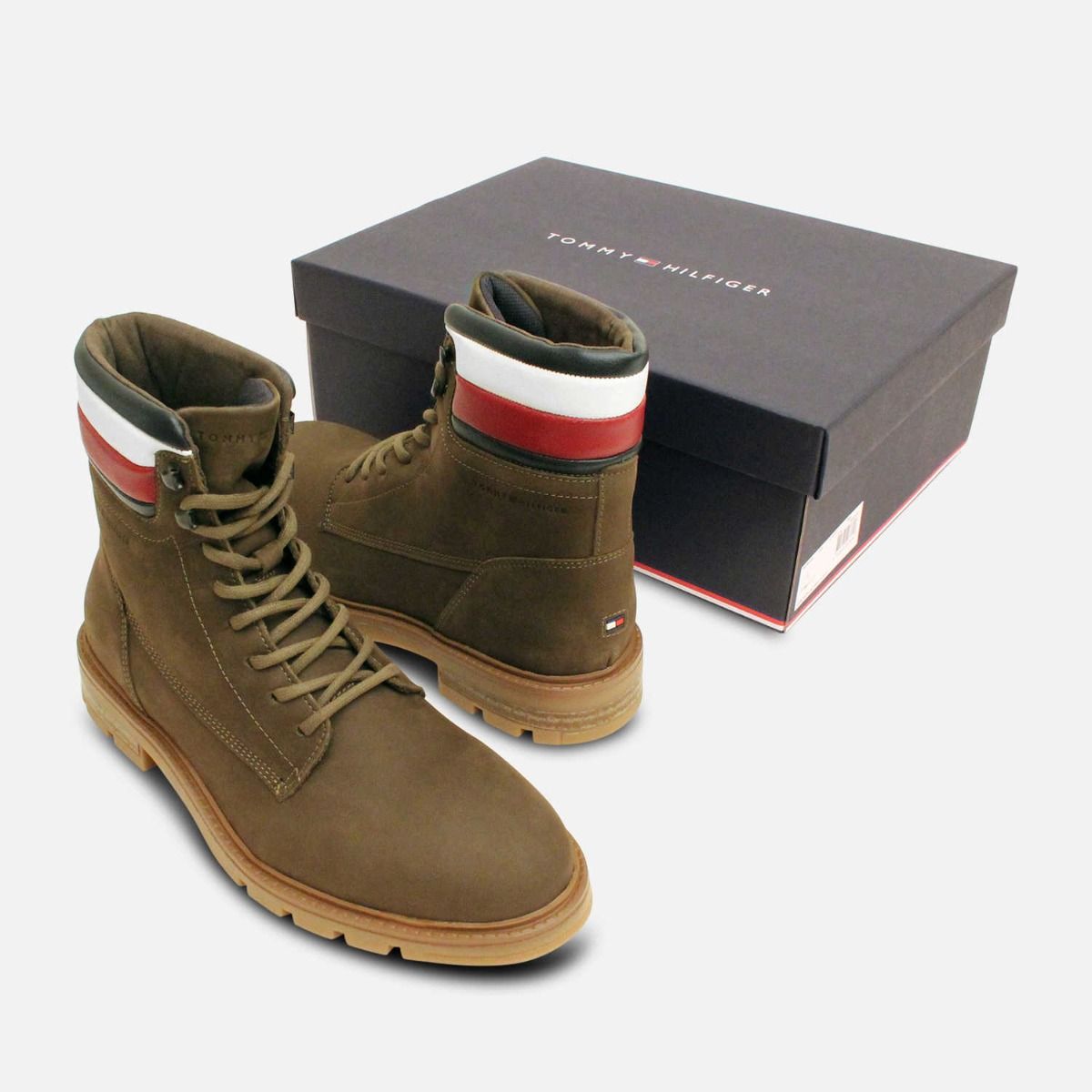 Tommy Hilfiger Khaki Green Nubuck Commander Lace Up Boots
