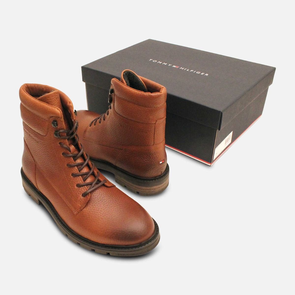 Tommy Hilfiger Cognac Brown Warm Commander Lace Up Boots