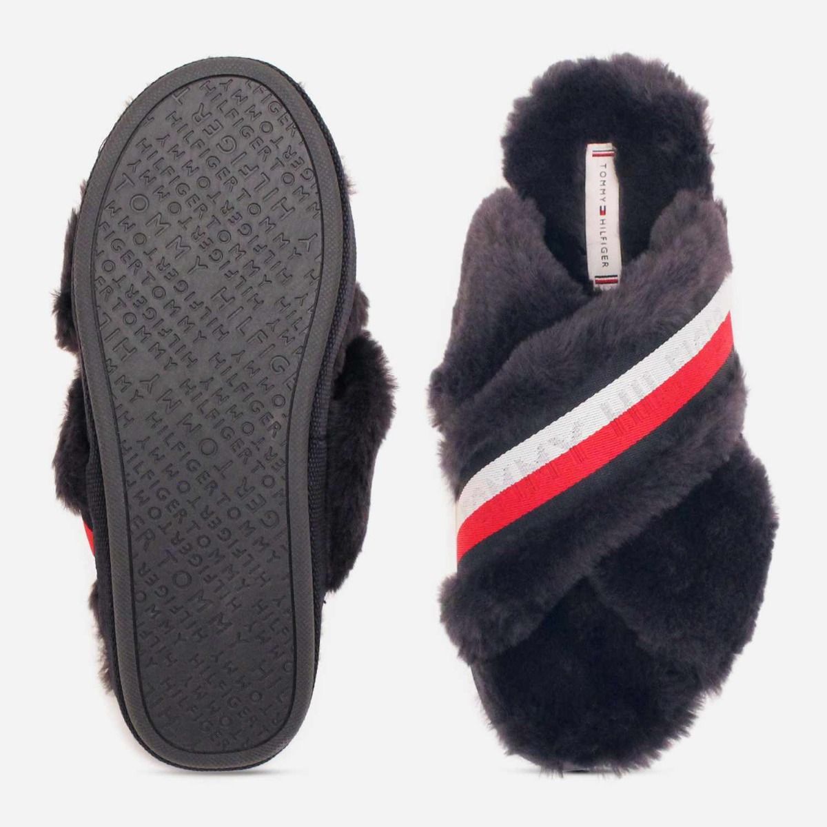 Tommy Hilfiger Womens Designer Furry Navy Blue Slippers