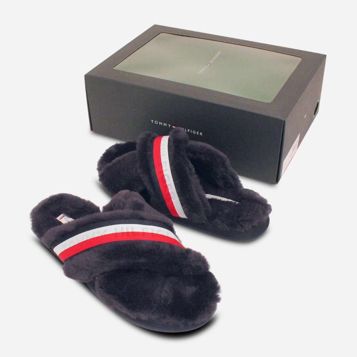 Tommy Hilfiger Womens Designer Furry Navy Blue Slippers